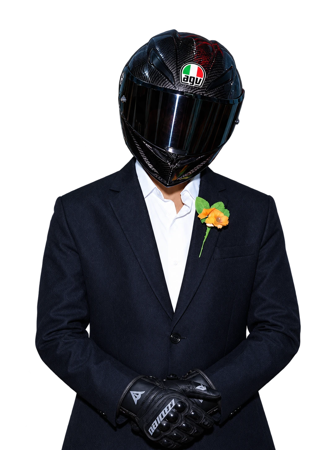 Frank in a dark suit and a carbon racing helmet, gloved hands folded, a marigold on his lapel